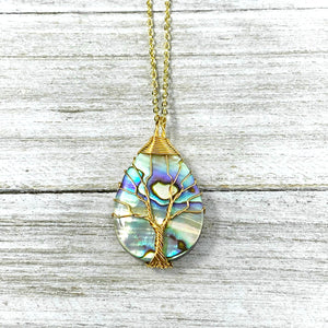 Tree of Life Teardrop Abalone Shell Wire Wrapped Pendant 18” Gold Necklace