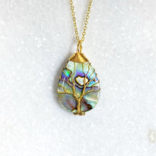 Load image into Gallery viewer, Tree of Life Teardrop Abalone Shell Wire Wrapped Pendant 18” Gold Necklace