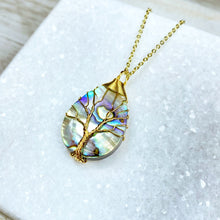 Load image into Gallery viewer, Tree of Life Teardrop Abalone Shell Wire Wrapped Pendant 18” Gold Necklace