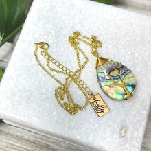 Load image into Gallery viewer, Tree of Life Teardrop Abalone Shell Wire Wrapped Pendant 18” Gold Necklace