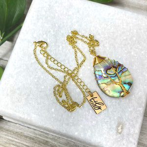 Tree of Life Teardrop Abalone Shell Wire Wrapped Pendant 18” Gold Necklace