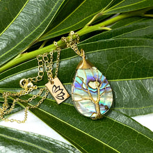 Load image into Gallery viewer, Tree of Life Teardrop Abalone Shell Wire Wrapped Pendant 18” Gold Necklace