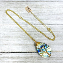 Load image into Gallery viewer, Tree of Life Teardrop Abalone Shell Wire Wrapped Pendant 18” Gold Necklace