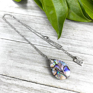 Tree of Life Teardrop Abalone Shell Wire Wrapped Pendant 18” White Gold Necklace