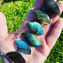 Load image into Gallery viewer, Dancing Wave Free-form Labradorite Pendant 30” 24k Gold Dip Edges Necklace