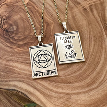 Load image into Gallery viewer, Elizabeth April EA Arcturian 2 Sided Channeled & Attuned Evil Eye Protection Cosmic Species Sacred Geometry Card Tag Pendant 18â Gold Necklace