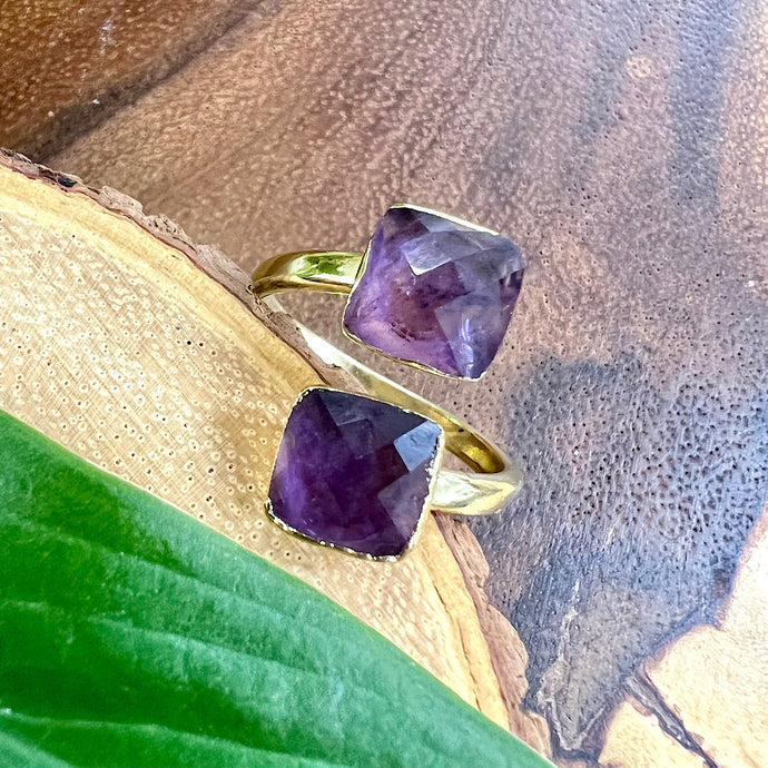 Amethyst Faceted Diamond Energetic Queen & Manifestation Adjustable Gold Ring