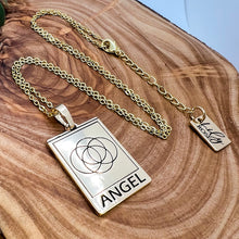 Load image into Gallery viewer, Elizabeth April EA Angel 2 Sided Channeled & Attuned Evil Eye Protection Cosmic Species Sacred Geometry Card Tag Pendant 18” Gold Necklace