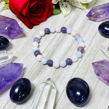 Load image into Gallery viewer, Triple Power Amethyst Rose Quartz Aquamarine Spiritual Awareness Matte 8mm Stretch Bracelet