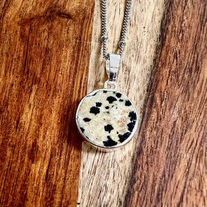 NEW STONE! Dalmatian Jasper Inner Child Joy Thick Circle Pendant 18" White Gold Necklace