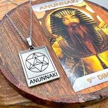 Load image into Gallery viewer, Elizabeth April EA Anunnaki 2 Sided Channeled & Attuned Evil Eye Protection Cosmic Species Sacred Geometry Card Tag Pendant 18” White Gold Necklace