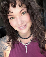 Load image into Gallery viewer, Limited Evil Eye Protection Labradorite Larvakite Pyrite Hematite Selenite Satin Spar 108 Stretch Mala Necklace Bracelet