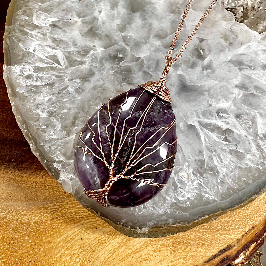 Tree of Life Teardrop Amethyst Wire Wrapped Pendant 30” Rose Gold Necklace