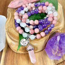 Load image into Gallery viewer, Unconditional Self Love Rhodonite Amethyst Satin Spar Selenite Rose Quartz 108 Mala Necklace Bracelet