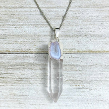 Load image into Gallery viewer, Last 1! Clear Quartz with Lace Agate Druzy XL Crystal Pendant 18” White Gold Necklace