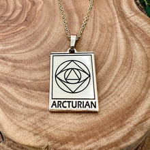 Load image into Gallery viewer, Elizabeth April EA Arcturian 2 Sided Channeled & Attuned Evil Eye Protection Cosmic Species Sacred Geometry Card Tag Pendant 18â Gold Necklace