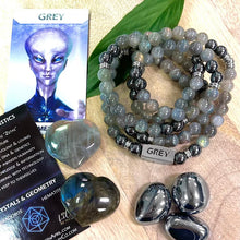 Load image into Gallery viewer, 8mm Elizabeth April Channeled UPDATED - NEW EARTH Grey Zeta Sacred Geometry Limited Edition Cosmic Species Stretch Mala Bracelet Necklace