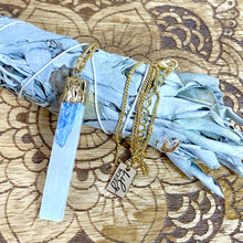 Load image into Gallery viewer, Moon Goddess Selenite & Kyanite Booster Vertical Raw Pendant 18" + 2β Gold Necklace