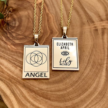 Load image into Gallery viewer, Elizabeth April EA Angel 2 Sided Channeled & Attuned Evil Eye Protection Cosmic Species Sacred Geometry Card Tag Pendant 18” Gold Necklace