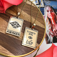 Load image into Gallery viewer, Elizabeth April EA Awaken 2 Sided Channeled & Attuned Evil Eye Protection Cosmic Species Sacred Geometry Card Tag Pendant 18” Gold Necklace