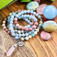Load image into Gallery viewer, Limited Edition Triple Power Aquamarine, Rhodonite, Amazonite Rebirth Tranquility 108 Mala Necklace Bracelet