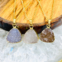 Load image into Gallery viewer, Druzy Quartz Sparkling Mini Geode Triangle Crystal Pendant 18" Gold Necklace