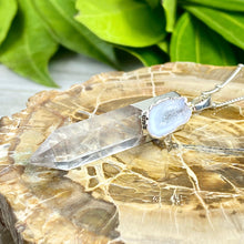 Load image into Gallery viewer, Clear Quartz with Lace Agate Druzy XL Crystal Pendant 18” White Gold Necklace