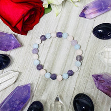 Load image into Gallery viewer, Triple Power Amethyst Rose Quartz Aquamarine Spiritual Awareness Matte 8mm Stretch Bracelet