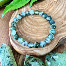 Load image into Gallery viewer, Last 3! NEW STONE! Prehnite with Epidote & Black Tourmaline Grade A Prophecy & Magic Premium Collection 8mm Stretch Bracelet