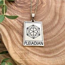 Load image into Gallery viewer, Elizabeth April EA Pleiadian 2 Sided Channeled & Attuned Evil Eye Protection Cosmic Species Sacred Geometry Card Tag Pendant 18” Gold Necklace