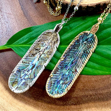 Load image into Gallery viewer, Natural Luxury Abalone Carved Feather XL Pendant 30” White Gold Necklace