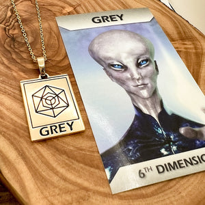Elizabeth April EA Grey Zeta 2 Sided Channeled & Attuned Evil Eye Protection Cosmic Species Sacred Geometry Card Tag Pendant 18” Gold Necklace