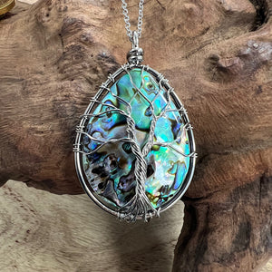 Tree of Life XL Teardrop Abalone Shell Wire Wrapped Pendant 30” White Gold Necklace