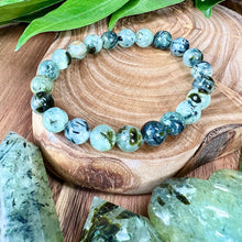 Load image into Gallery viewer, NEW STONE! Prehnite with Epidote &amp; Black Tourmaline Grade A Prophecy &amp; Magic Premium Collection 10mm Stretch Bracelet