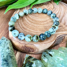 Load image into Gallery viewer, NEW STONE! Prehnite with Epidote & Black Tourmaline Grade A Prophecy & Magic Premium Collection 10mm Stretch Bracelet