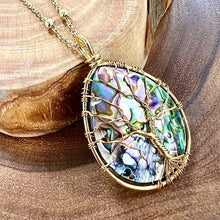 Load image into Gallery viewer, Tree of Life XL Teardrop Abalone Shell Wire Wrapped Pendant 30” Gold Necklace