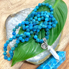 Load image into Gallery viewer, Blue Apatite Manifestation & Motivation 108 Hand Knotted Mala with Point Charm Pendant Necklace