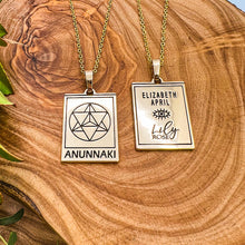 Load image into Gallery viewer, Elizabeth April EA Anunnaki 2 Sided Channeled & Attuned Evil Eye Protection Cosmic Species Sacred Geometry Card Tag Pendant 18” Gold Necklace