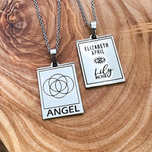 Load image into Gallery viewer, Just Restocked! Elizabeth April EA Angel 2 Sided Channeled & Attuned Evil Eye Protection Cosmic Species Sacred Geometry Card Tag Pendant 18” White Gold Necklace
