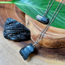 Load image into Gallery viewer, Raw Black Tourmaline Grounding Gemstone Pendant 18” White Gold Necklace