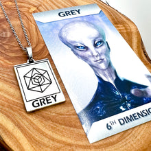 Load image into Gallery viewer, Elizabeth April EA Grey Zeta 2 Sided Channeled & Attuned Evil Eye Protection Cosmic Species Sacred Geometry Card Tag Pendant 18” White Gold Necklace