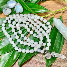 Load image into Gallery viewer, Limited Edition Rainbow Moonstone Miracles & Universal Energy 108 Hand Knotted Mala with Point Charm Pendant Necklace
