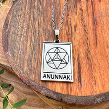 Load image into Gallery viewer, Elizabeth April EA Anunnaki 2 Sided Channeled & Attuned Evil Eye Protection Cosmic Species Sacred Geometry Card Tag Pendant 18” White Gold Necklace