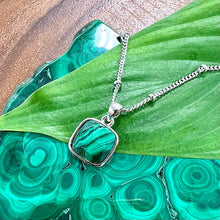 Load image into Gallery viewer, Malachite Power & Transformation Square Pendant 18” White Gold Necklace