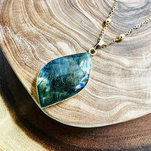 Load image into Gallery viewer, Dancing Wave Free-form Labradorite Pendant 30” 24k Gold Dip Edges Necklace