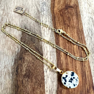 NEW STONE! Dalmatian Jasper Inner Child Joy Thick Circle Pendant 18" Gold Necklace