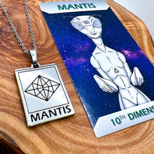 Load image into Gallery viewer, Elizabeth April EA Mantis 2 Sided Channeled & Attuned Evil Eye Protection Cosmic Species Sacred Geometry Card Tag Pendant 18” White Gold Necklace