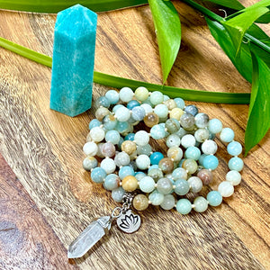 Australian Amazonite Clarity Peace 108 Hand Knotted Mala with Point Charm Pendant Necklace