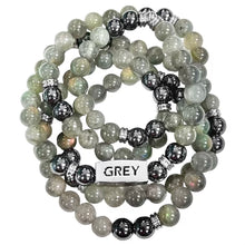 Load image into Gallery viewer, 8mm Elizabeth April Channeled UPDATED - NEW EARTH Grey Zeta Sacred Geometry Limited Edition Cosmic Species Stretch Mala Bracelet Necklace