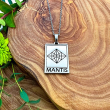 Load image into Gallery viewer, Elizabeth April EA Mantis 2 Sided Channeled & Attuned Evil Eye Protection Cosmic Species Sacred Geometry Card Tag Pendant 18” White Gold Necklace